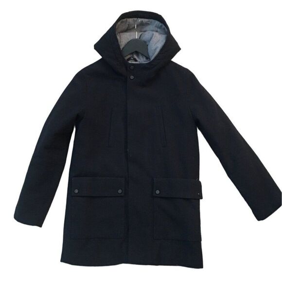 Zara Boys Hooded Coat Size 11/12 Black Wool Blend Zip Pockets Snap Closure - Picture 2 of 7